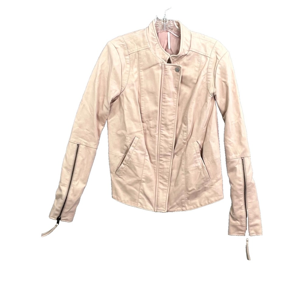 Free People Vegan Leather Moto Jacket Women 10 Pink Knit Panel Grunge Biker Punk